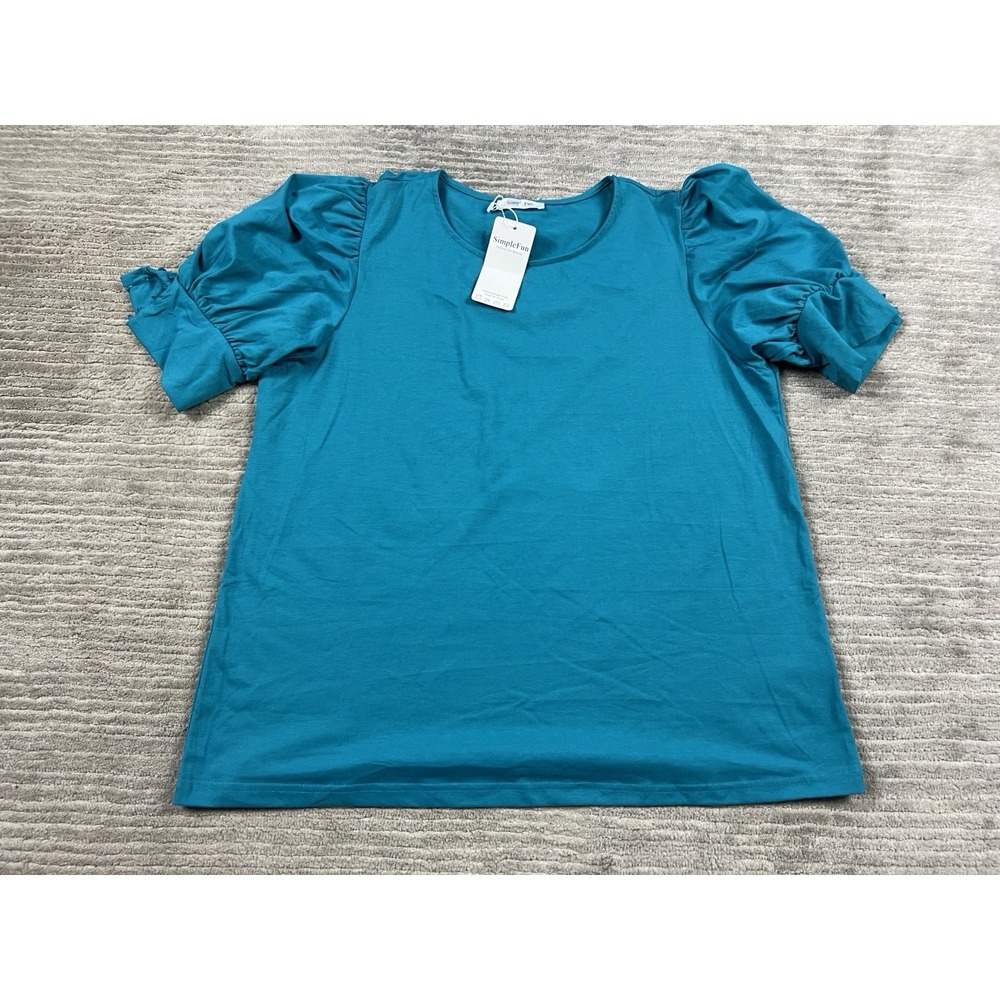 Simple‎ Fun Top Womens XL Blue Short Sleeve Polyester Blend NWT